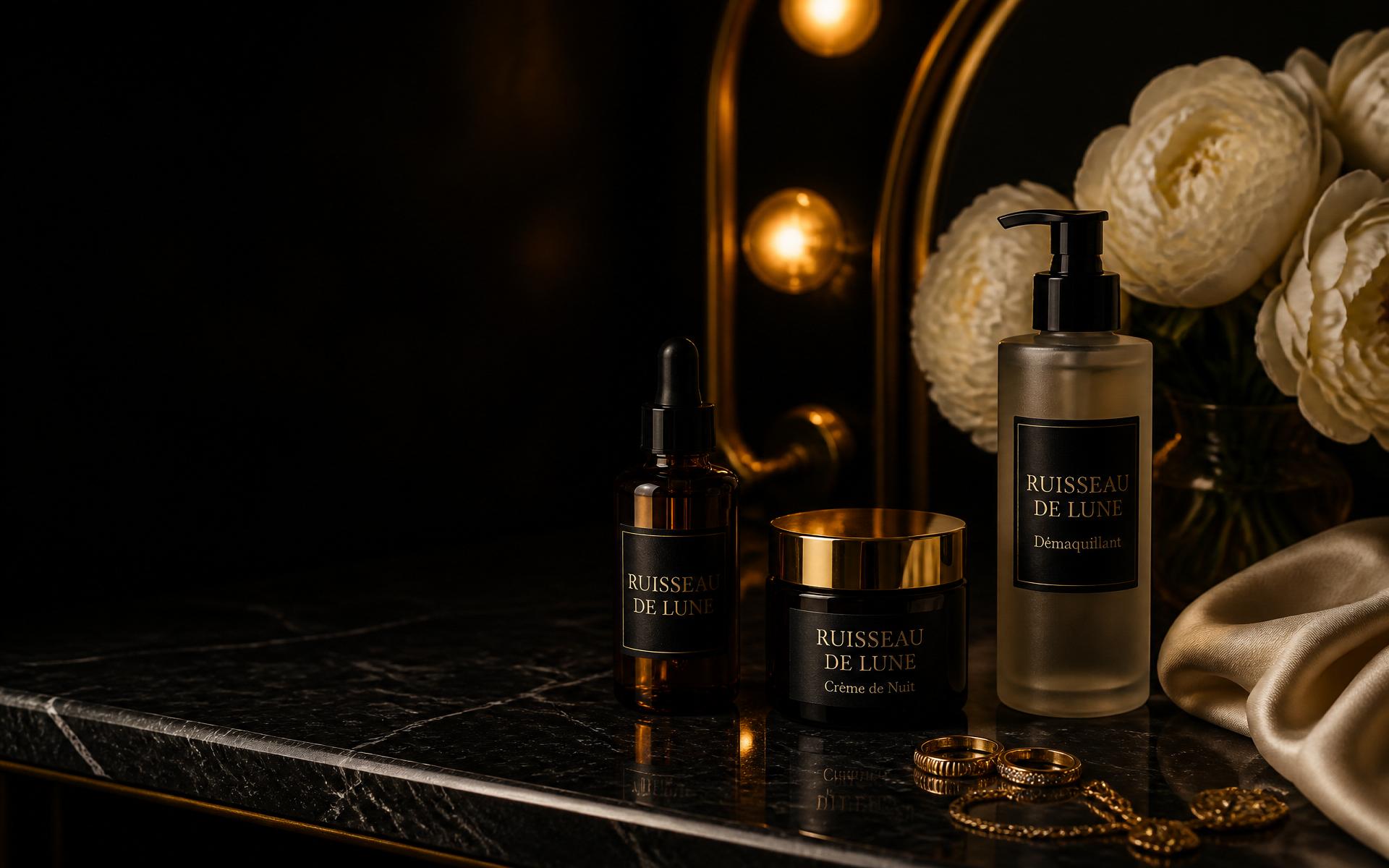 Ruisseau De Lune nighttime skincare products arranged on a black marble vanity with warm gold lighting